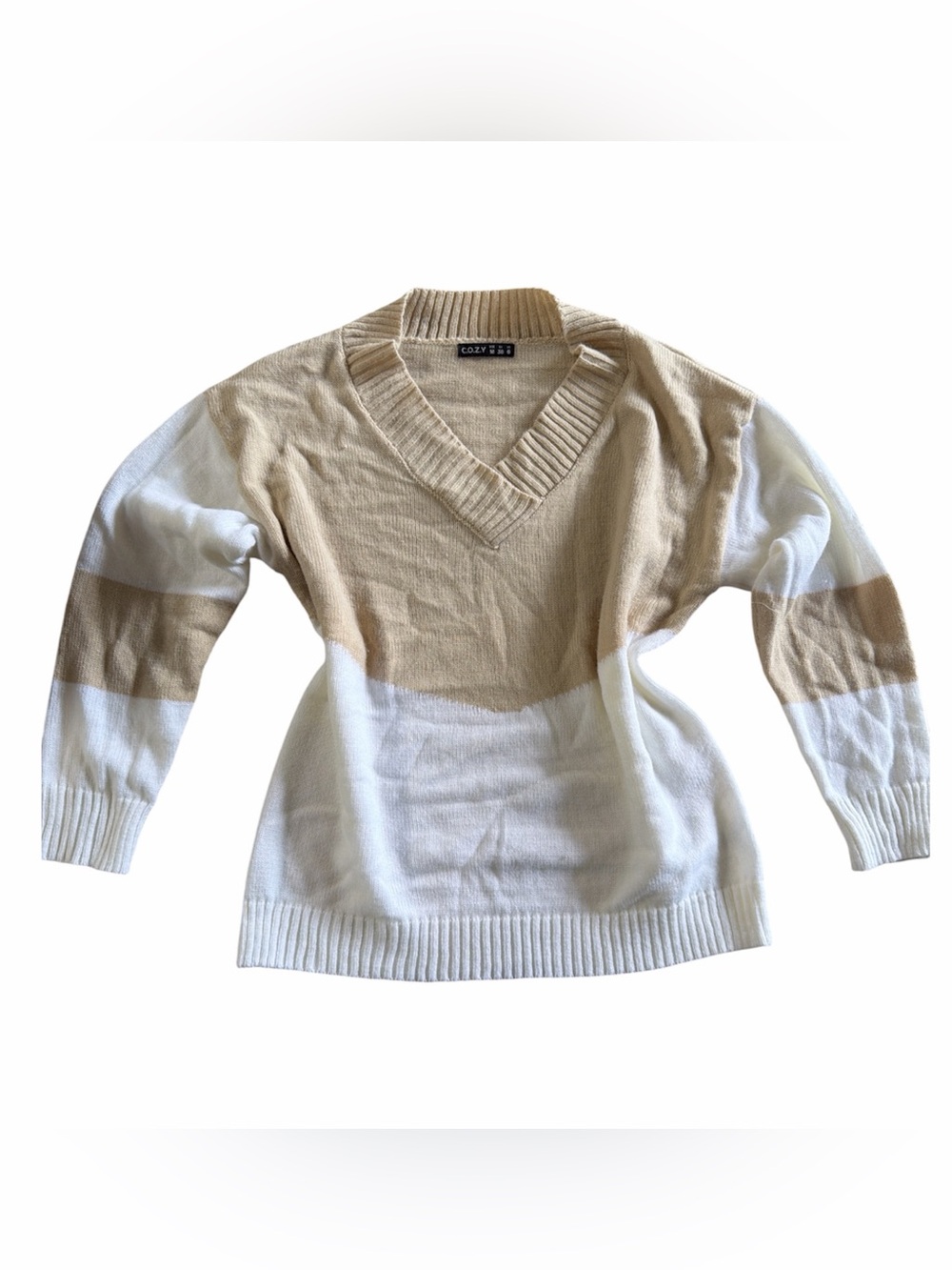 Cozy Neutral V-Neck Colorblock Sweater - Cream & Tan